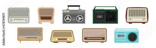 Retro Vintage Radio with Tuner as Old-fashioned Media Device Vector Set