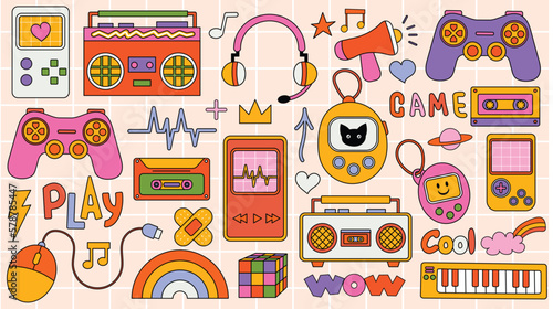 Set of trendy hipster retro cool elements. Collection sticker of groovy retrowave clipart. Collage with trend pop vibe with funky design element. background stickers emblem of cartoon vector.