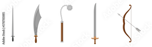 Ancient Weapon with Sword, Ball-and-chain Flail, Saber, and Bow with Arrow Vector Set