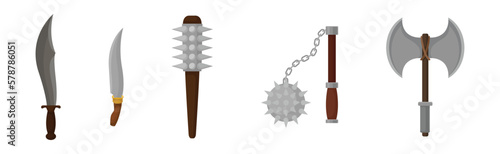 Ancient Weapon with Dagger, Ball-and-chain Flail, Morning Star and Axe Vector Set