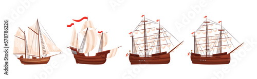 Fényképezés Old Wooden Ships with Sails and Fluttering Flags Vector Set