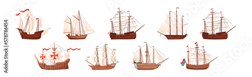 Slika na platnu Old Wooden Ships with Sails and Fluttering Flags Vector Set