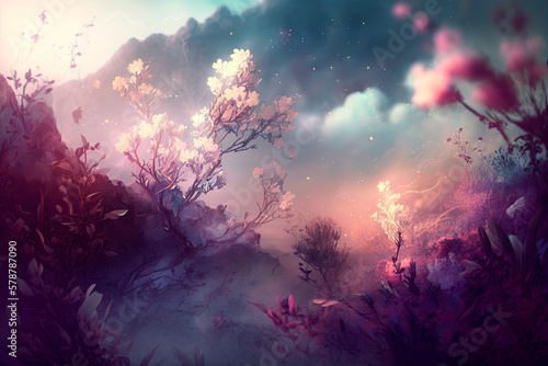 Pink unreal dreamy landscape with flowers and blurred background, AI generated illustration