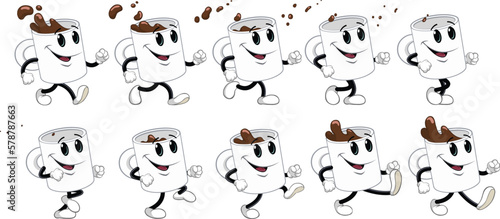 Fototapeta Naklejka Na Ścianę i Meble -  Coffee Mug Walk Cycle.
Color vector illustration of a cartoon Coffee Mug Cartoon character Walk Cycle