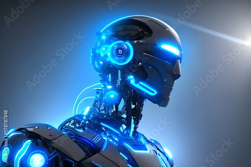 Neon Blue Female Cyborg Robot As Artificial Intelligence Concept With - Illustration. Generative AI © Pixel Matrix