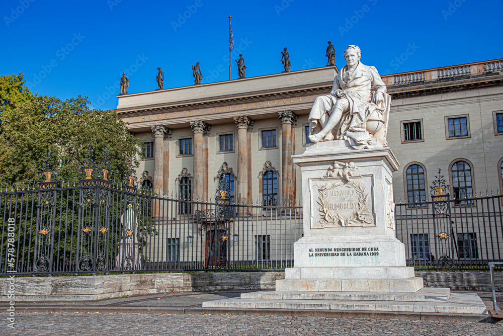 Statue of historic figure Alexander von Humboldt located in the city of Berlin, Germany.