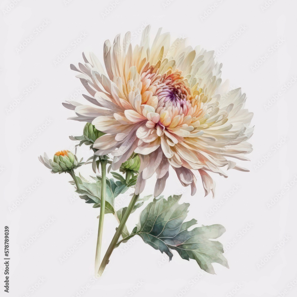 Light pink chrysanthemum flower isolated on white background. Watercolor illustration of a single beautiful pink flower. Generative AI art.