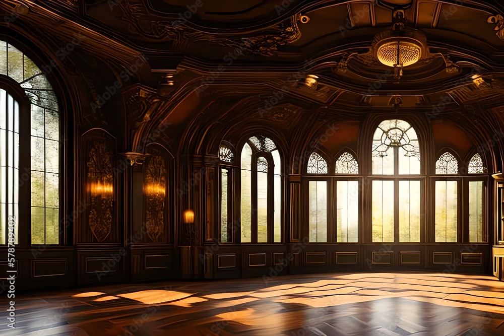 Steampunk Interior Design, Fantasy Retro Hall, In A Victorian House With Big Windows. Generative AI