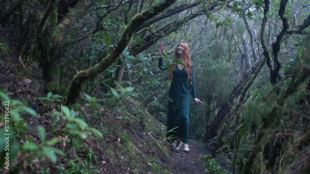 Beautiful woman in an elf costume is walking in a magic green enchanted forest. Beautiful woman in an elf costume is walking in a magic green enchanted forest.