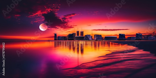  city panorama at pink orange evening sunset at sea big fool moon medieval and modern houses on horizon  light reflection on sea water wave  generated ai