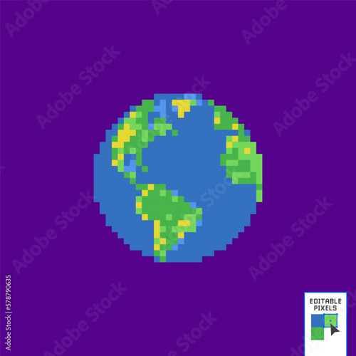 Pixel art planet earth vector illustration. Planet Earth  8 bit pixel art icon isolated on white background. Old school vintage retro 80s  90s slot machine video game graphics. World.