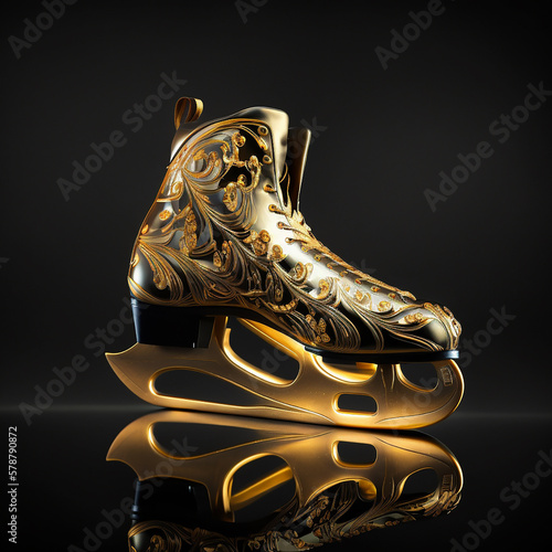 Golden figure skates, figure skating skates covered with gold patterns close-up isolated on black, active sport lifestyle concept, ai generative