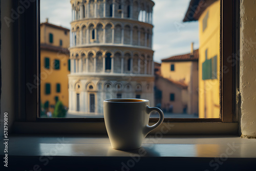Photographie Cup of morning coffee on the windowsill an open bun window with overlooking the Leaning Tower of Pisa