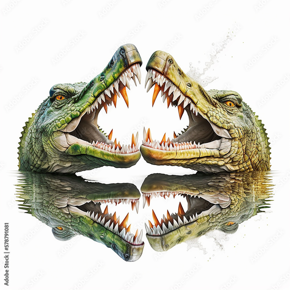 Obraz premium Two terrible toothy crocodiles growl at each other with their mouths open, duel battle of two crocodiles, on a white background, close-up