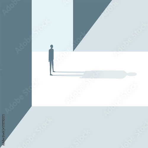 Simple person stepping into unknown future on a light path flat design illustration, going toward fear, dark, scary and strange challenging way alone, modern facing darkness graphic concept