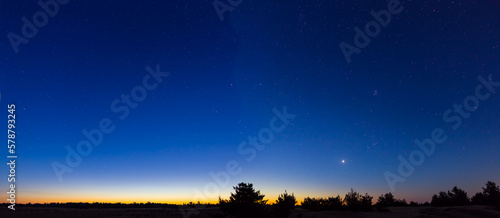 prairie silhouette under starry sky at the dawn, early morning summer outdoor landscape