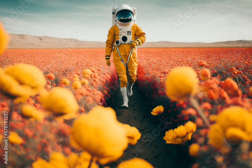 Generative AI illustration of astronaut in the field with red flowers