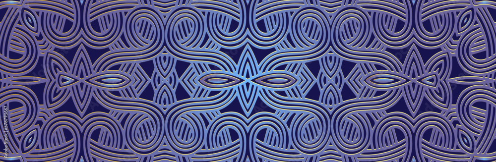 Obraz premium Banner, original cover design. Embossed geometric 3d pattern on a blue background. Boho, handmade creative themes, ethnic traditions, motives of the East, Asia, India, Mexico, Aztecs, Peru.