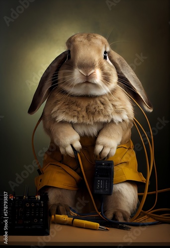 Portrait of an Easter Bunny wearing Electrician uniform. Generative AI photo