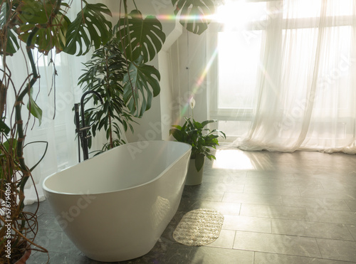 White bathroom with flowers and large windows. Sunbeam in the window