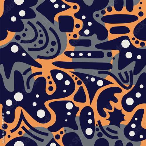 Abstract seamless pattern, ethnic motifs, geometric fissures, orange and dark blue background