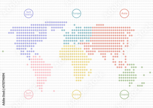 世界地図のイラスト: ドット模様の六大州