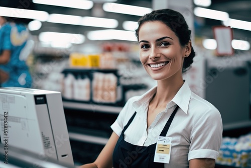 Smiling woman serving a cashier in a supermarket, satisfied worker, AI generated. photo