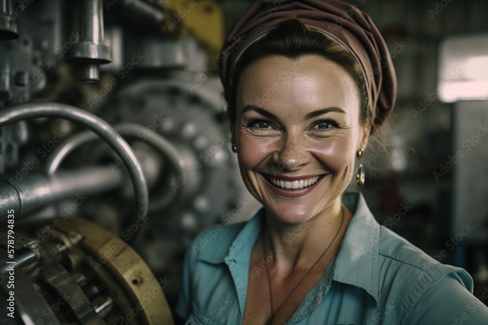 Portrait of a smiling female manual worker in an industrial factory. Ai generated. Portrait of a smiling female manual worker in an industrial factory. Ai generated.