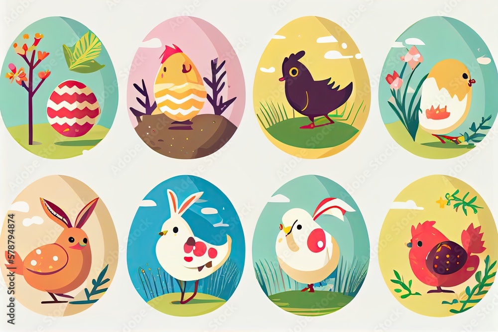 A set of flat easter eggs for children's books. Generative AI. A set of flat easter eggs for children's books. Generative AI.
