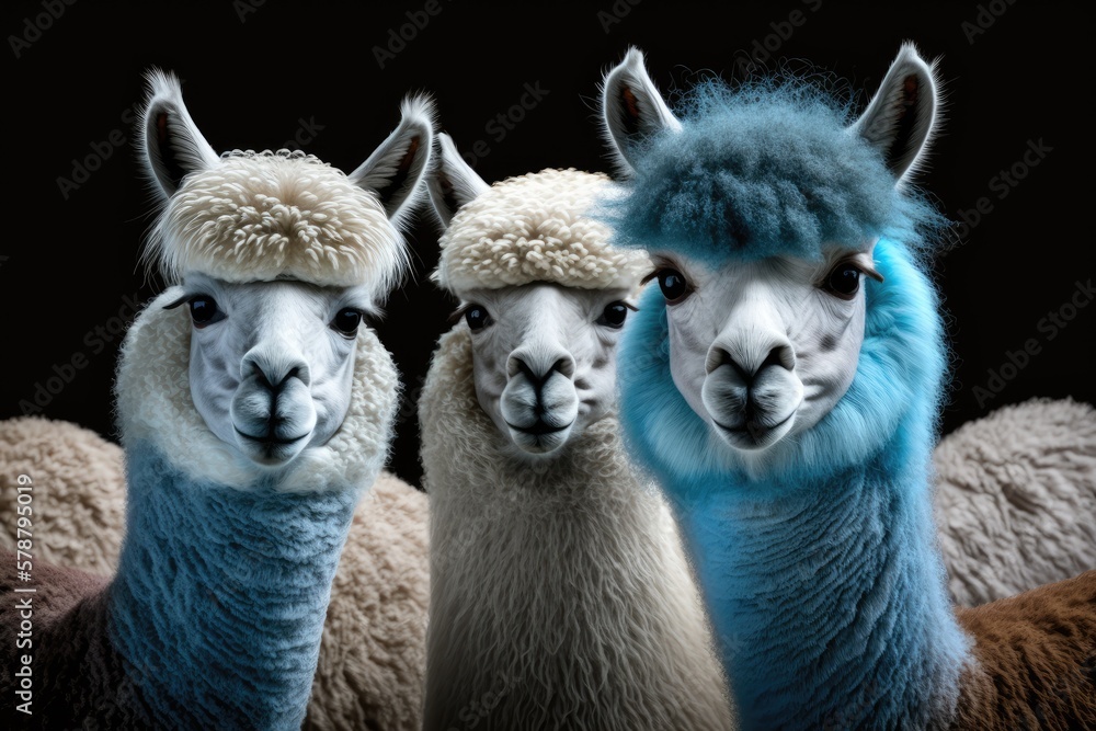 Beautiful alpacas in blue isolation. Camelid from South America. Generative AI Beautiful alpacas in blue isolation. Camelid from South America. Generative AI