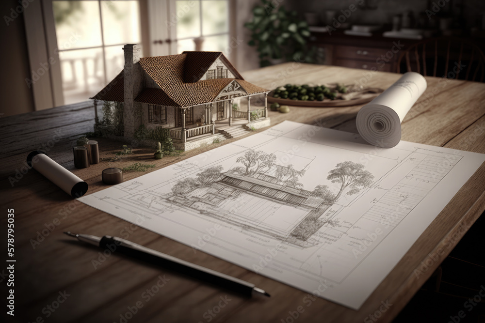 wooden house model on some construction plans on rustic wooden table. Ai generative wooden house model on some construction plans on rustic wooden table. Ai generative