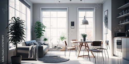 Illustration of modern light apartment with big windows created with Generative AI technology