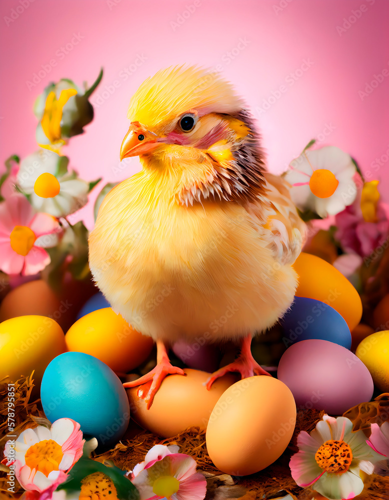 Studio photo of yellow little chickens around which are colorful bright Easter eggs, close up on a white background, bright background, colors and paints