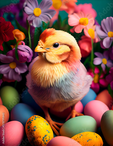 Studio photo of yellow little chickens around which are colorful bright Easter eggs, close up on a white background, bright background, colors and paints