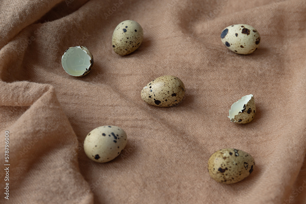 Quail eggs on pasel fabric background. Easter creative concept. Still life composition Quail eggs on pasel fabric background. Easter creative concept. Still life composition