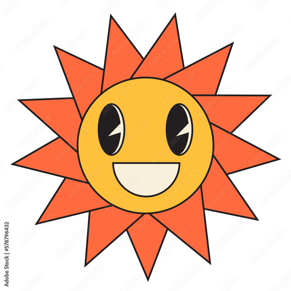 Groovy sun cartoon characters. Funny happy sun with eyes and smile.
