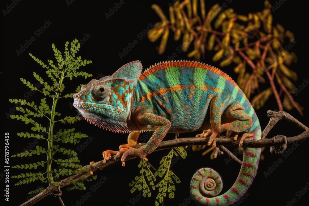 Fototapeta premium This is a male Ambilobe Panther Chameleon, Furcifer pardalis, perched on a branch. Snapped on a black backdrop. Generative AI