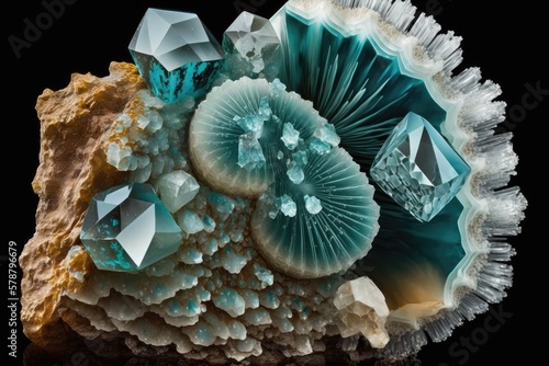 One type of cryptocrystalline quartz is agate. Crystals of aquamarine at a macroscale. Generative AI photo