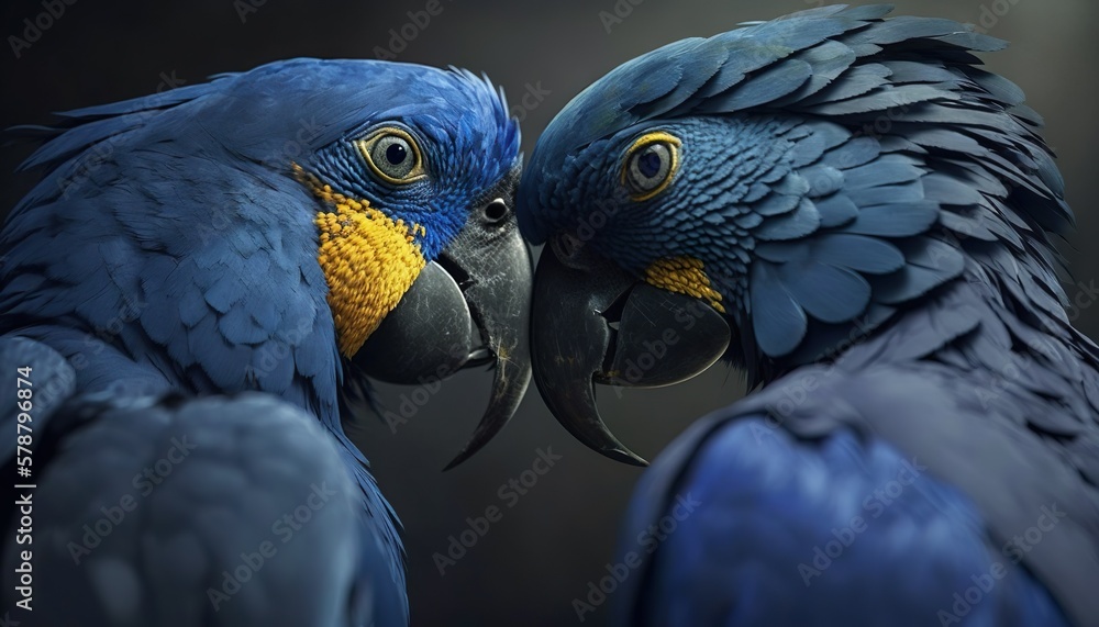 Obraz premium Hyacinth macaw couple in love. Generative AI illustration