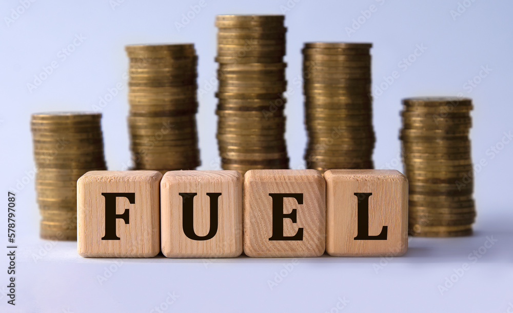 FUEL - word on wooden cubes on the background of stacks of coins FUEL - word on wooden cubes on the background of stacks of coins