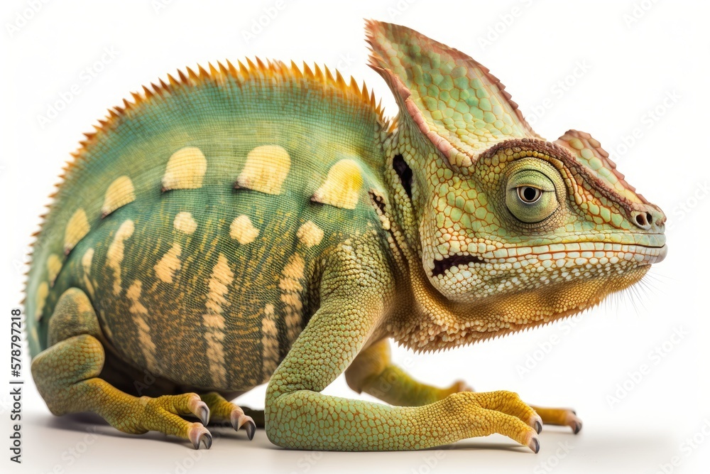 Fototapeta premium Isolated on white, a side view of a veiled chameleon (Chamaeleo calyptratus). Generative AI