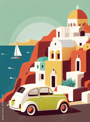 Illustration of a classic car in front of colorful homes, AI Generated image. © SNEHIT PHOTO