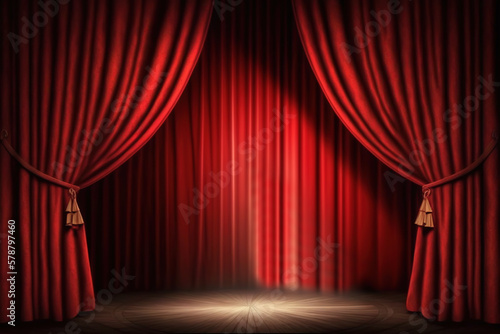 Theater Stage Red Curtains  and Spotlight Created with Generative AI Technology