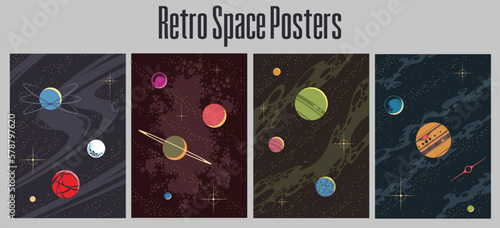 Retro Style Space Astronomy Background Posters Set. Solar System Planets Colorful Design Illustrations