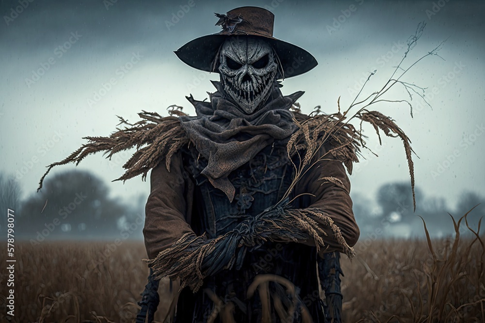 Fototapeta premium A Malfeasant Scarecrow Frozen in a Mystic Eerie Stance' Generative AI