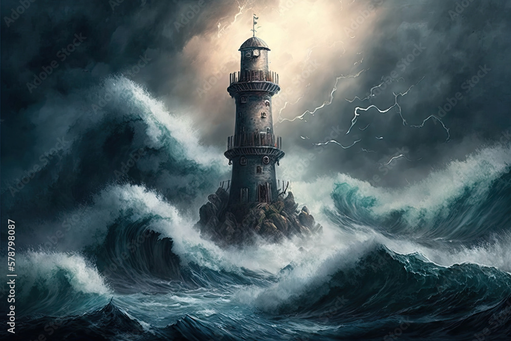 A Mystic Tower Amidst the Stormy Seas: A Fantasy Lighthouse Illustration Generative AI