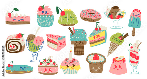 Set of delicious sweets and desserts. Ice cream , donut, cupcake and cake cartoon vector Illustration