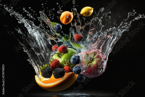 Water splashing on a black background with fruit. Generative AI