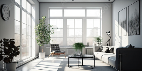 Illustration of modern light apartment with big windows created with Generative AI technology