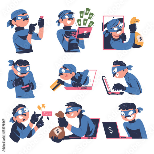 Masked cyber thief, hacker stealing privacy data and money set. Cyber security and crime, spy access, hacker attack cartoon vector illustration